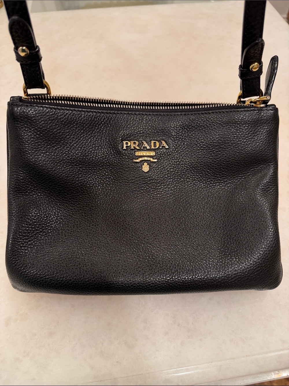 Authentic Prada Black Pebbled Leather Shoulder Bag with Gold Logo Accent - Picture 8 of 10